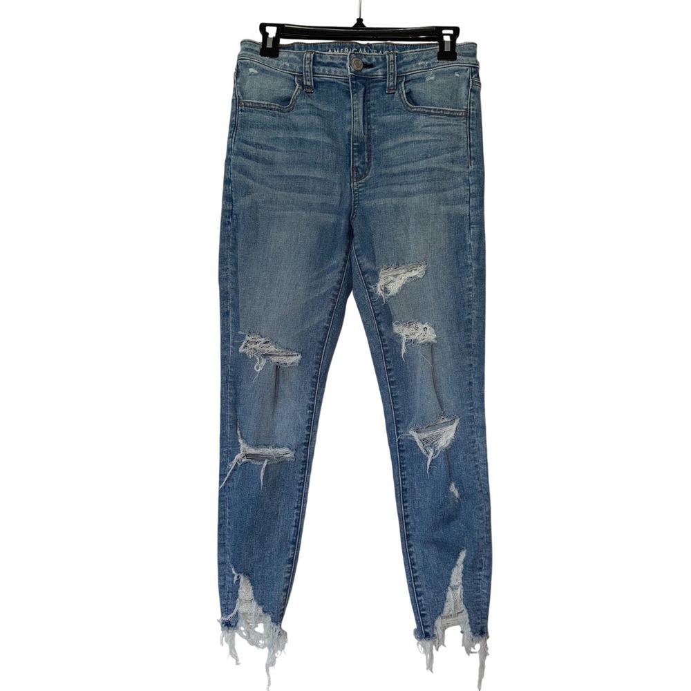 American Eagle Super Hi-Rise Legging Crop Jeans Distressed Frayed Blue Womens 8